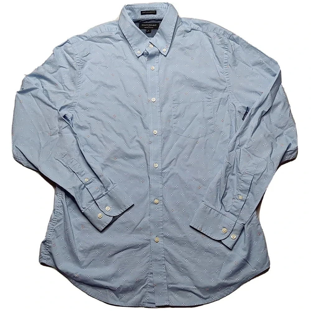 BANANA REPUBLIC UNTUCKED Fit Men Large Organic Cotton Blue Geo‎ Button Shirt